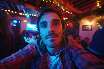 Obraz premium Handsome man taking selfie in crowded bar at night