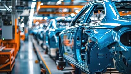 Close-up of a Blue Car Body on an Assembly Line in a Factory