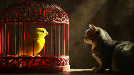 a yellow canary in a red cage and a cat looking at it outside the cage. --ar 16:9 --v 6.1 Job ID: 953c2878-5715-4518-be4d-1dad7df1b72c