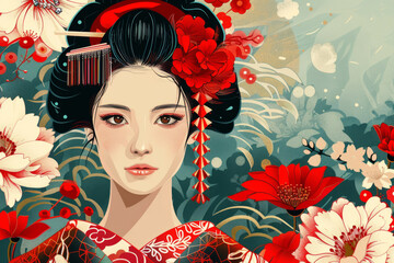 Beautiful geisha holding traditional red umbrella in kimono