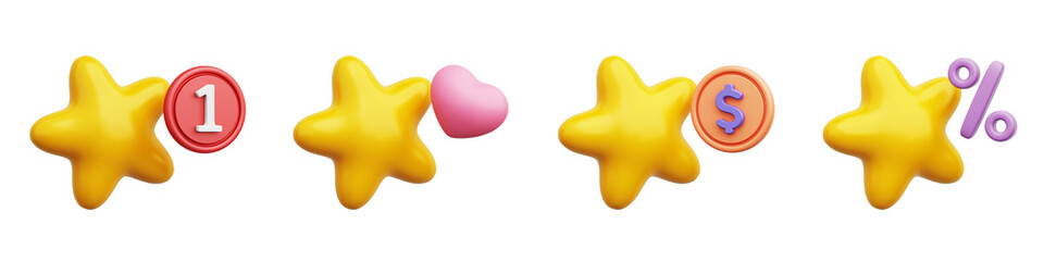 Cute yellow 3D star object. 3D icon with number 1, heart, percentage, dollar sign. PNG file type. 3D Illustration.