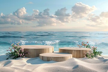 Three wooden podiums on a beach with pink flowers displaying summer products