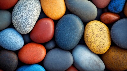 Colorful, smooth pebbles arranged on a natural surface. Stones background