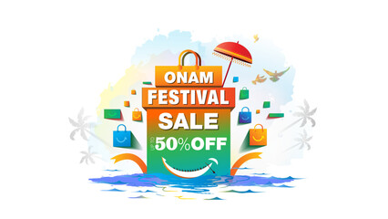 Obraz premium Vector illustration for Onam festival sale offers shopping bag with snake boat and river background.