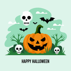 Halloween holiday poster in flat style. Punpkins, bats and stylized skulls on simple background.