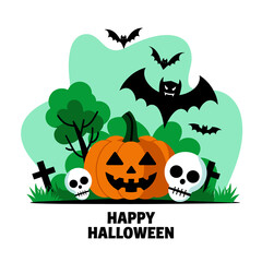 Halloween holiday poster in flat style. Punpkins, bats and stylized skulls on simple background.