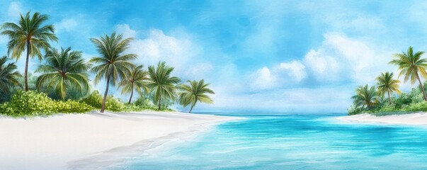 a tropical beach with palm trees swaying gently in the breeze and turquoise water glistening under the sun. 