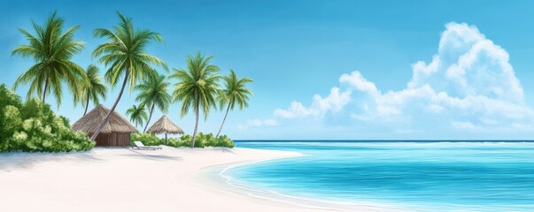 a tropical beach with palm trees swaying gently in the breeze and turquoise water glistening under the sun. 