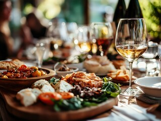 Fototapeta premium Elegant Outdoor Dining with Mediterranean Cuisine and Wine