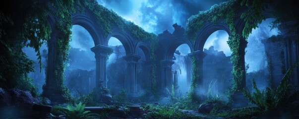 ancient ruins enveloped by overgrown vines, creating a mysterious and atmospheric scene.