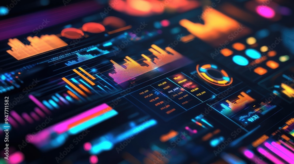 Poster graphical user interface displaying categorized data analytics, sorted by type for strategic busines