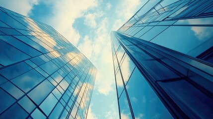 Glass buildings reflecting the sky with tech-inspired graphics, creating a sleek and modern business backdrop.