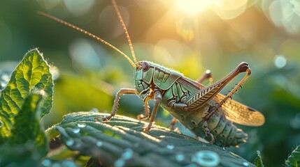 Fototapeta premium A green grasshopper sits on a leaf in the sunlight.