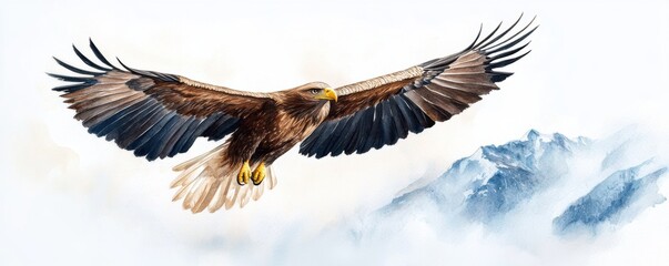 Obraz premium a majestic eagle soaring high above rugged mountains under clear skies.