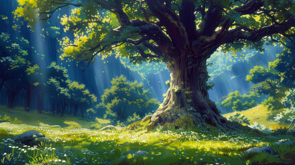 Fototapeta premium Sunbeams are illuminating a peaceful forest clearing