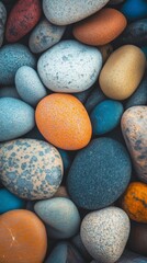 Colorful, smooth pebbles arranged on a natural surface. Stones background