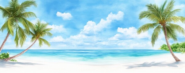Fototapeta premium a tropical beach with palm trees swaying gently in the breeze and turquoise water glistening under the sun. 