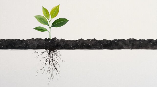 New life emerging, soil and roots, chemical-free, clean composition, watercolor style
