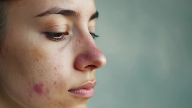 Young woman presents her acne problem by showing different angles of her face