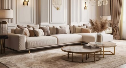 Fototapeta premium Stylish Interior Design: Elegant Living Room with Beige Sofa and Soft Carpet