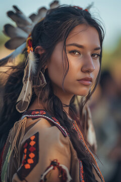 A woman wearing a headdress and a brown dress