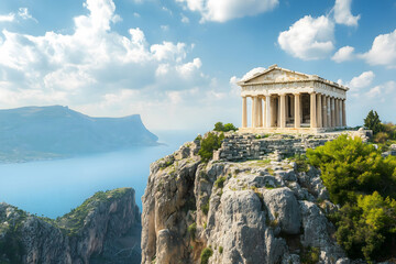 An ancient Greek temple isolated on top of a mountain in a beautiful location