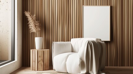 A Serene and Cozy Minimalist Living Space with Warm Wood Accents and Natural Decor