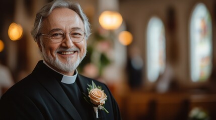 Cinematic Photograph of a Happy Priest in Black Vestment with Rose on Lapel, Smiling at Camera Inside a Church with Blurred Background