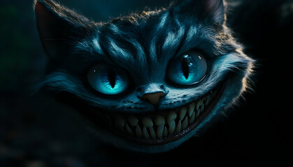 A close-up of a Cheshire cat's face, with its sharp teeth and bright blue eyes.