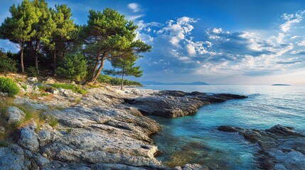 Aegean Sea rocky coast landscape with pine trees, Greece.