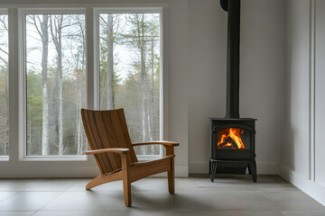 Cozy living room with a wood burning stove, armchair, and large windows overlooking a forest.