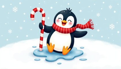A cheerful penguin wearing a red scarf, happily holding a candy cane, surrounded by snowy winter scenery.