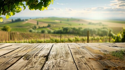 A wooden table empty for showcasing products vineyard in the distance