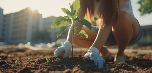 A young woman planting a tree in an urban setting, symbolizing urban reforestation efforts