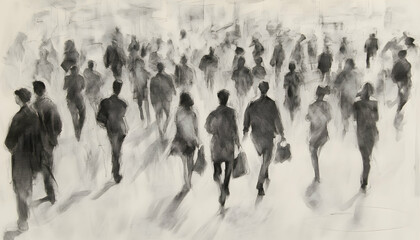 Abstract sketch of people walking in a crowd.