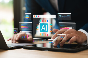 Business people use artificial intelligence AI technology to search the world for business and...