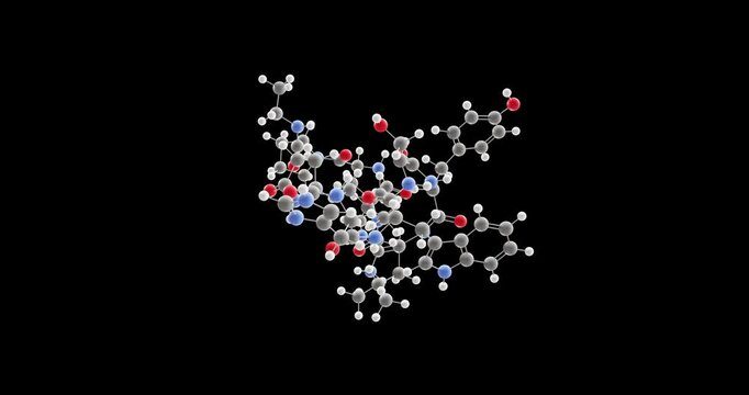 Leuprorelin molecule, rotating 3D model of hormone, looped video on a black background