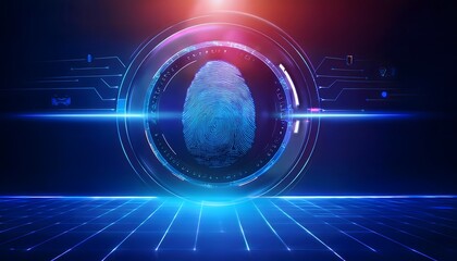 Obraz premium Digital wallet with security fingerprint scanner on a futuristic holographic background.