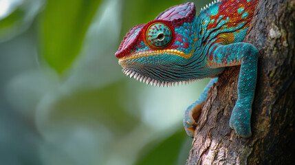Obraz premium Close-up of a colorful chameleon on a tree. Although it seems easily visible, vivid colors provide him an excellent camouflage in a tropical forest. 