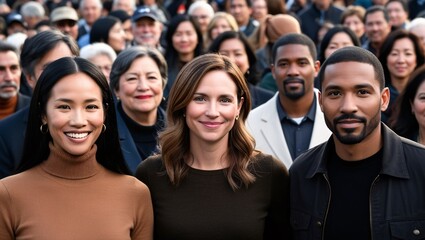 Obraz premium Diversity, crowd, multicultural, smiling, community, urban, young adults, togetherness, inclusivity, portrait, group, ethnicity, race, unity, demographic, society, population, modern, social, integrat