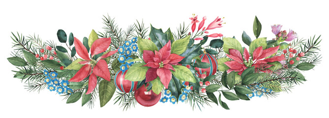 Watercolor Christmas border with fir, holly, poinsettia, Xmas png. traditional cozy art, hand painted