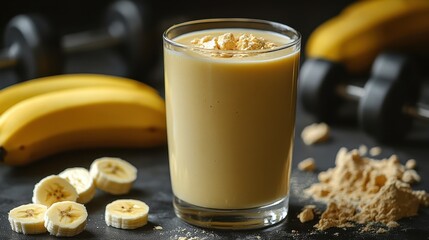 Close-Up of a Glass of Banana Milk with Bananas and Powder on Table, Dumbbells in Background, Flat Lay Food Photography