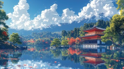 Obraz premium Japanese temple with pavilion and bonsai trees near calm lake reflecting in water lake, beautiful traditional architecture in tranquil springtime environment