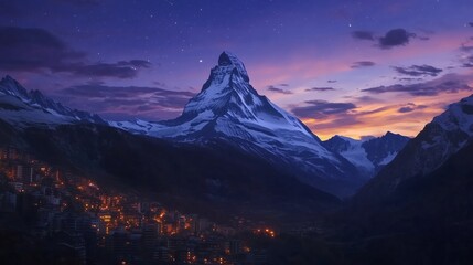 Majestic Matterhorn peak at dusk with glowing village lights in the valley beneath the magnificent Swiss Alps