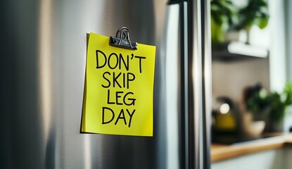 A photo of the text "DON'T SKIP LEG DAY" written on a yellow sticky note, stuck to a stainless steel refrigerator