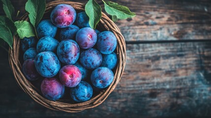 Fresh Blue Plums in a Wicker Basket