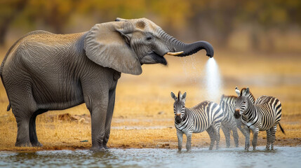 Elephant sprays water at zebras with its trunk to keep them away from waterhole --ar 16:9 --v 6.1 Job ID: 9ae0b9f8-a5da-4dc8-ab16-95bf24fe3681