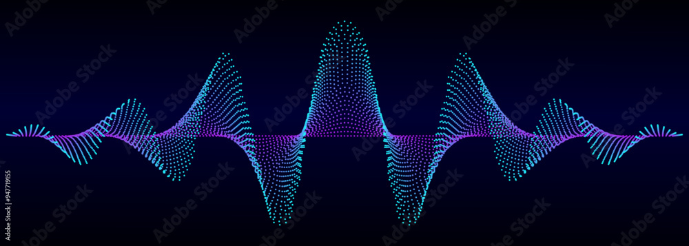 Poster Sound and audio waves. Flowing dots particles wave pattern  isolated on black background. Vector illustration