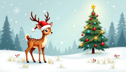 A festive scene featuring a cute deer wearing a Santa hat, standing beside a decorated Christmas tree in a snowy landscape.