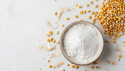Bowl with corn starch and kernels on white background